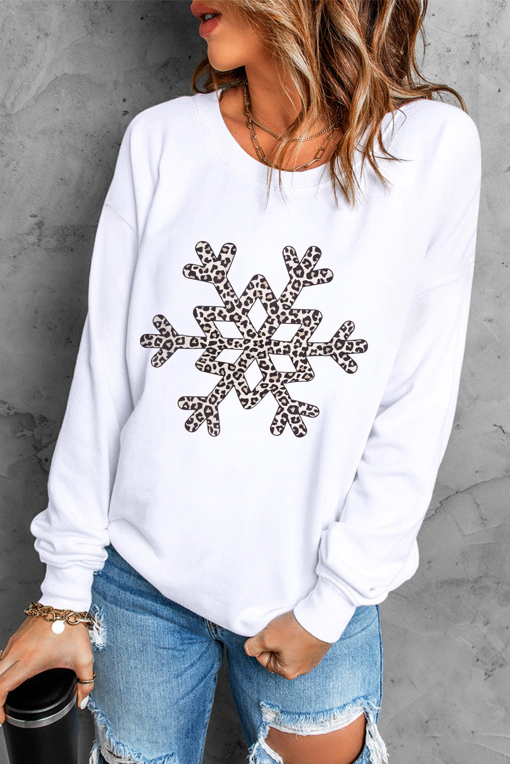 Leopard Snowflake Pullover Sweatshirt