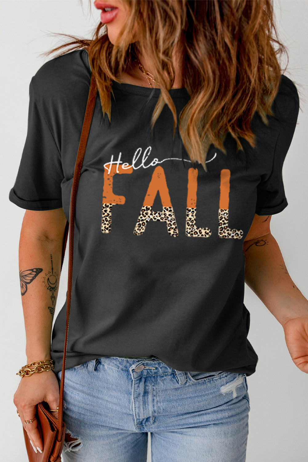 Hello Fall Leopard Fun Graphic T Shirt