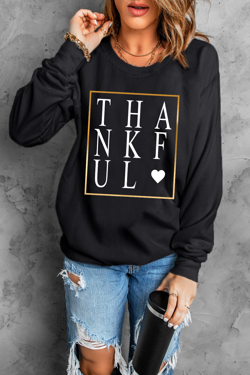 THANKFUL Heart Print Long Sleeve Sweatshirt