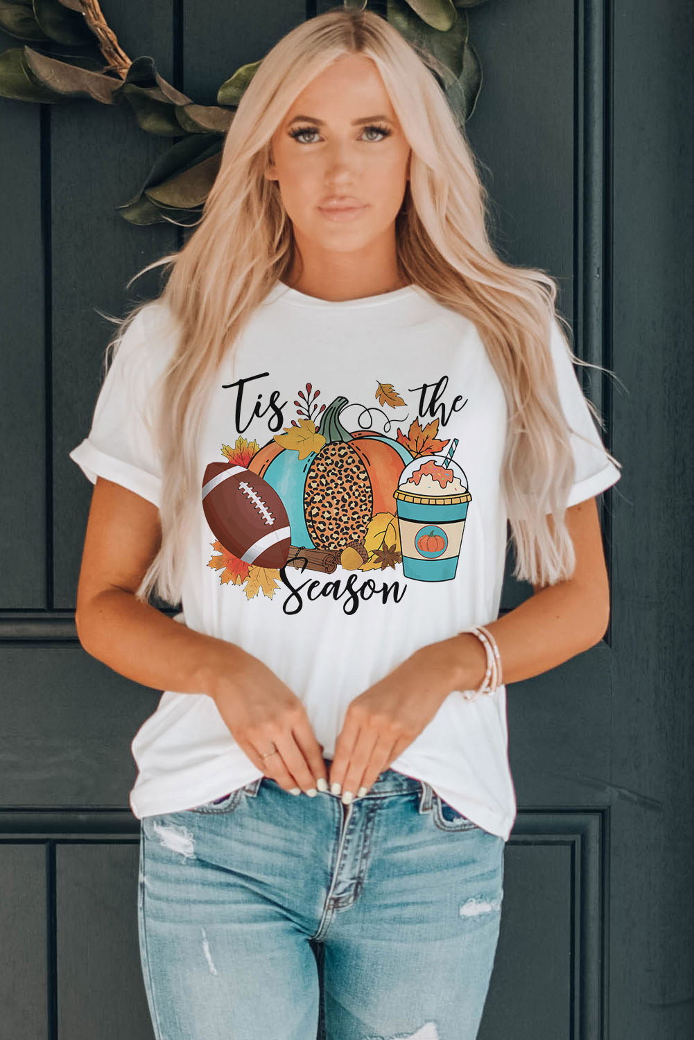 Tis The Season Pumpkin Graphic Print Crew Neck T Shirt