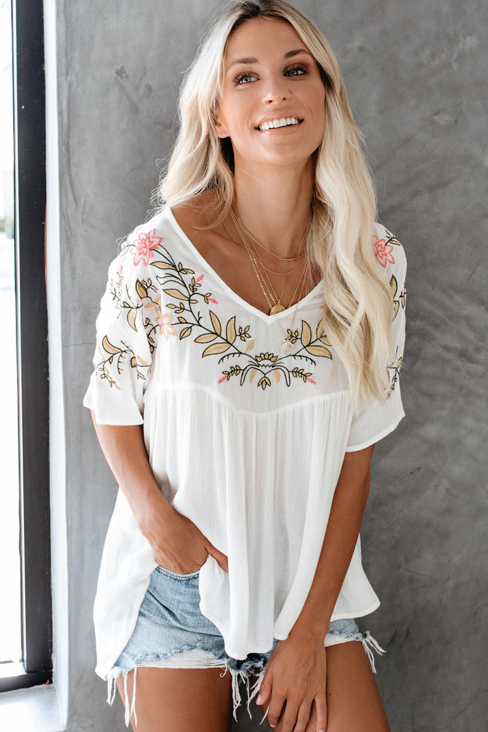 Floral Embroidered V Neck Crinkle Babydoll Blouse