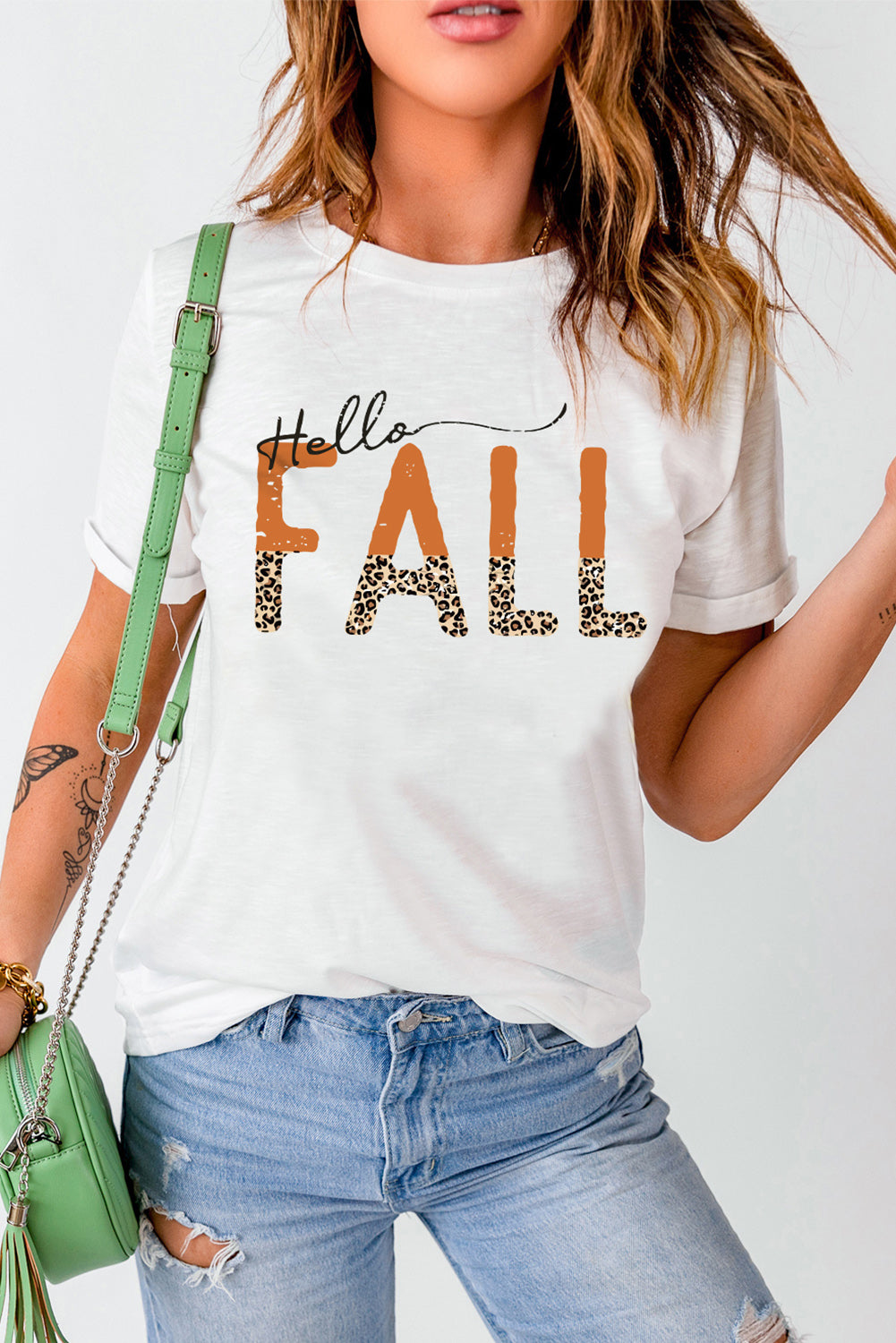 Hello Fall Leopard Fun Graphic T Shirt