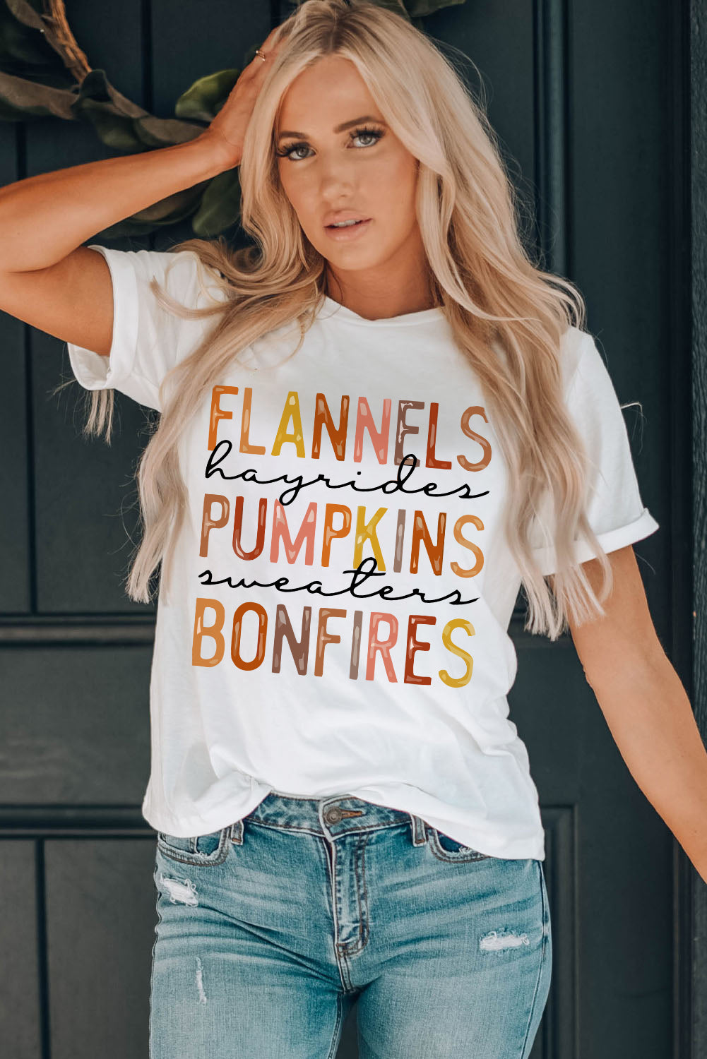 Flannels Pumpkins Bonfires Letter Graphic Tee