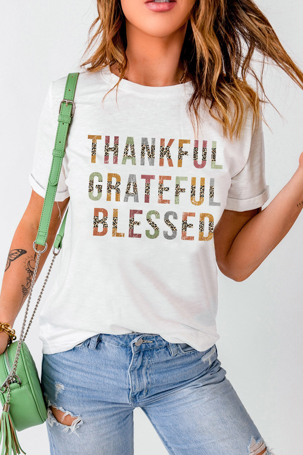 Leopard Patchwork Thankful Grateful Blessed Graphic T Shirt