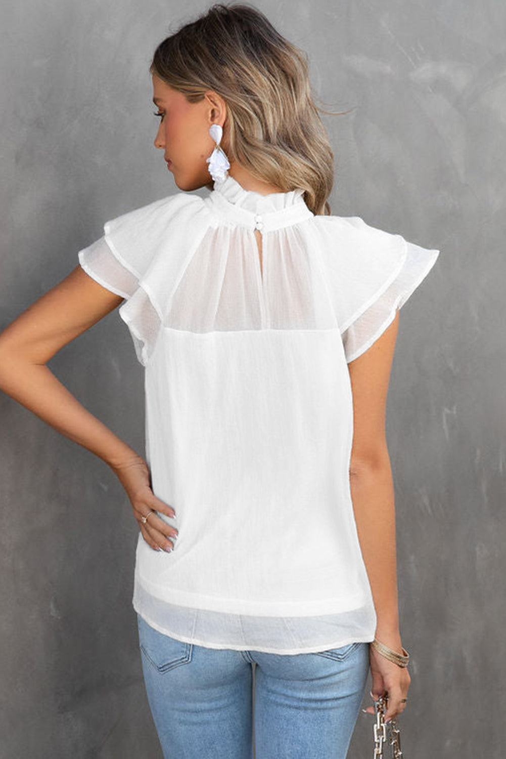 Sheer Ruffle Sleeve Splice Mock Neck Blouse