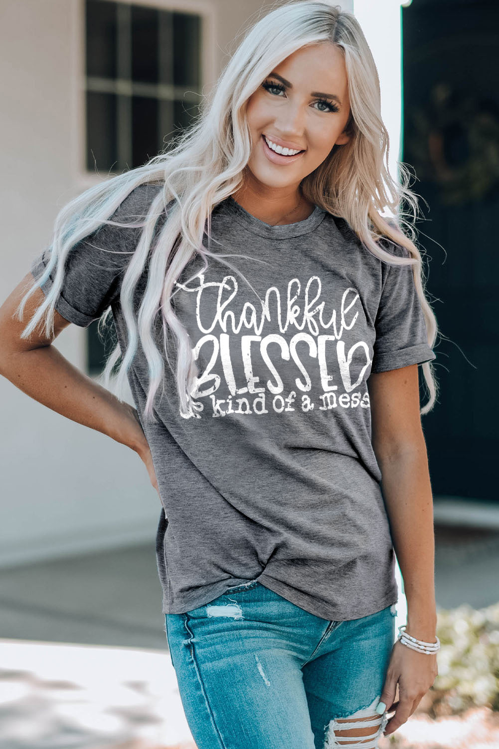 BLESSED Letter Graphic Print Crew Neck T Shirt