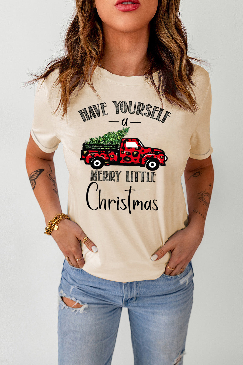 Khaki Christmas Tree Leopard Truck Print Graphic T Shirt