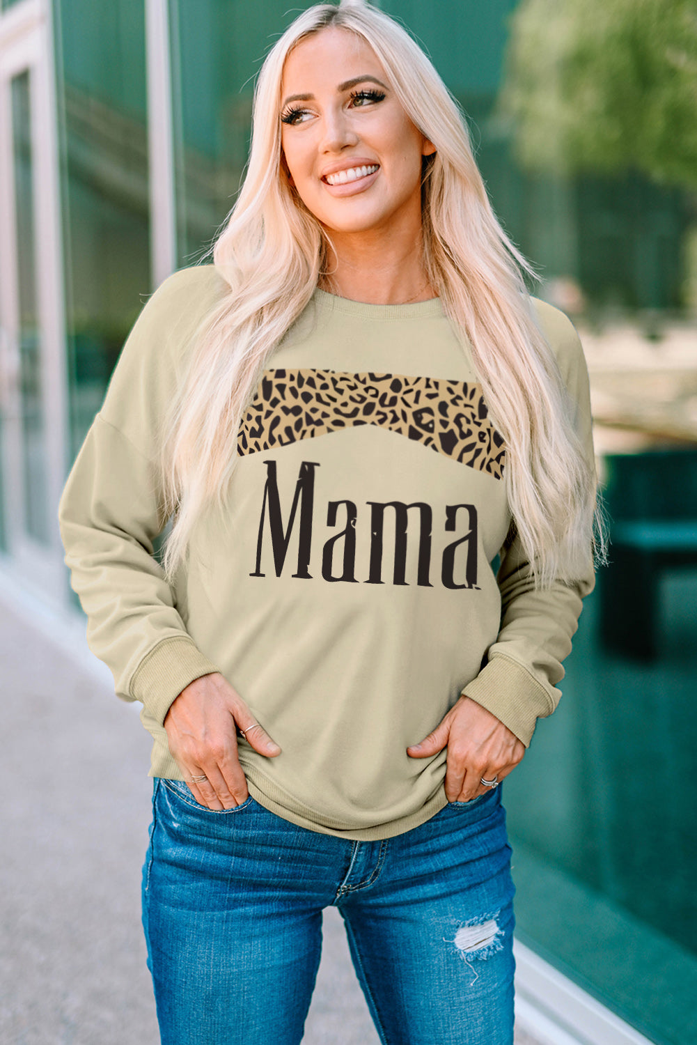 Khaki Mama Leopard Print Crewneck Pullover Sweatshirt