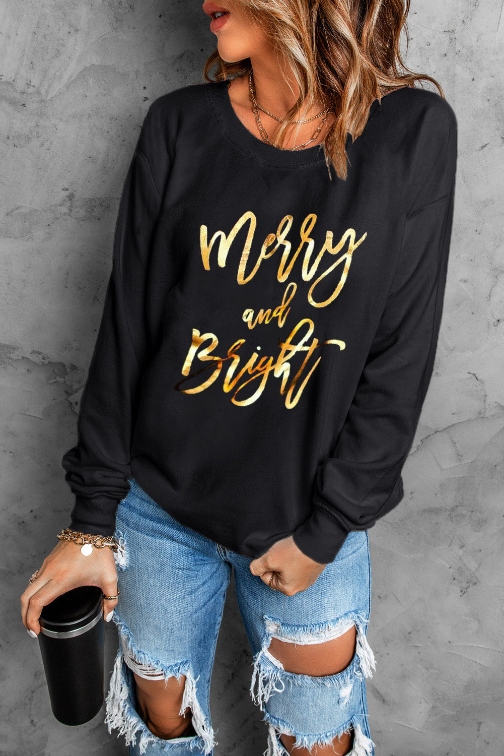 Merry & Bright Letter Print Pullover Sweatshirt