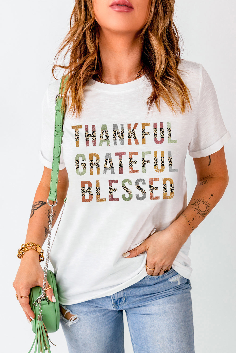 Leopard Patchwork Thankful Grateful Blessed Graphic T Shirt