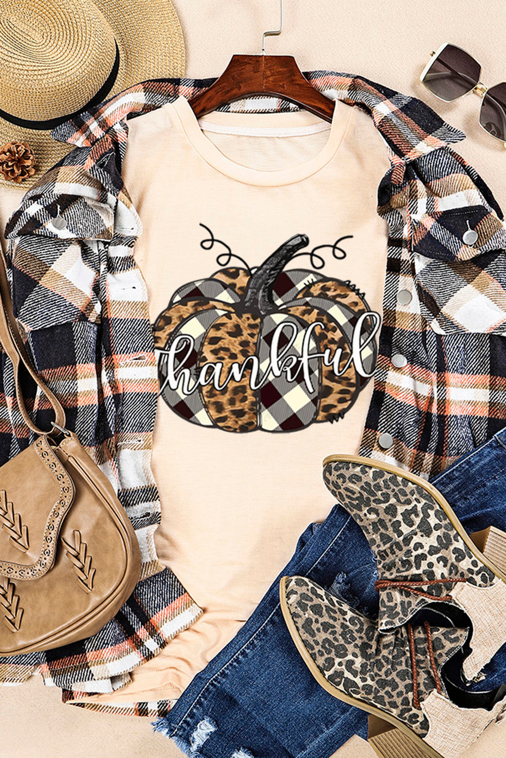 Khaki Thankful Pumpkin Plaid Print Crewneck Graphic Tee