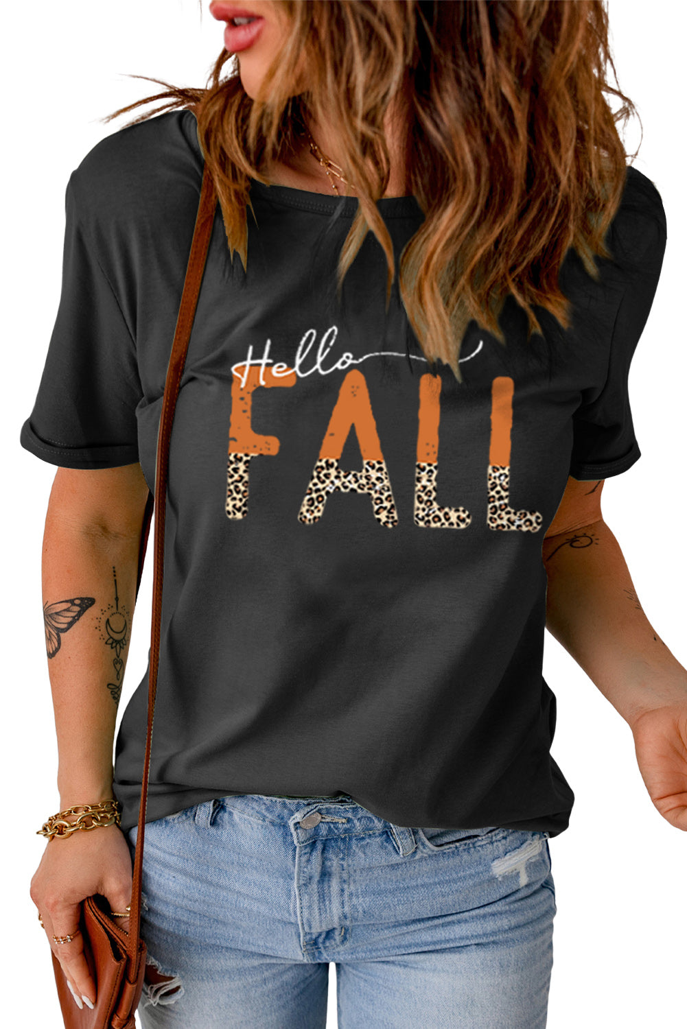 Hello Fall Leopard Fun Graphic T Shirt