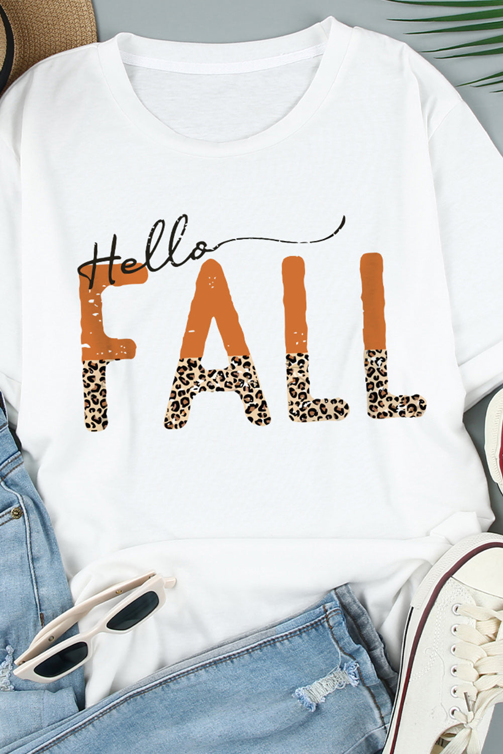 Hello Fall Leopard Fun Graphic T Shirt