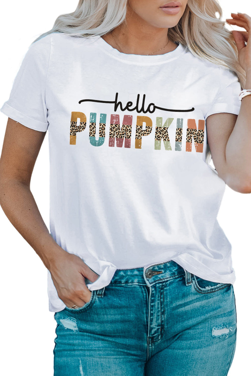 Colorful Pumpkin Leopard Graphic Casual Tee