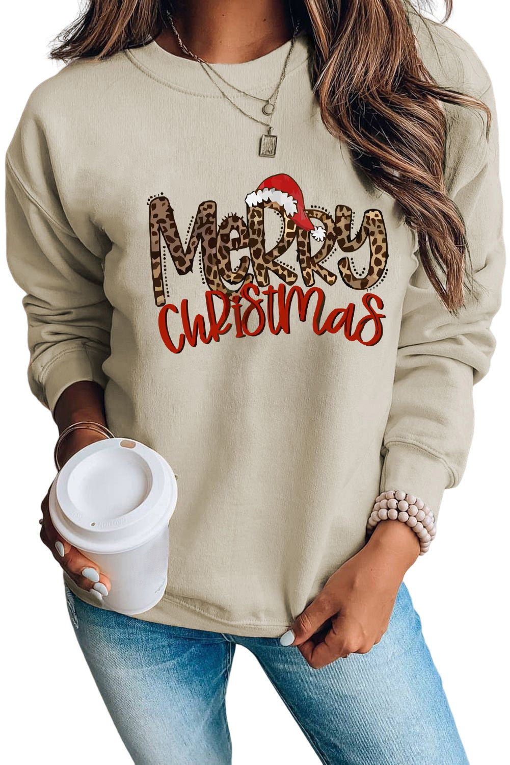 Khaki Merry Christmas Hat Leopard Print Graphic Sweatshirt