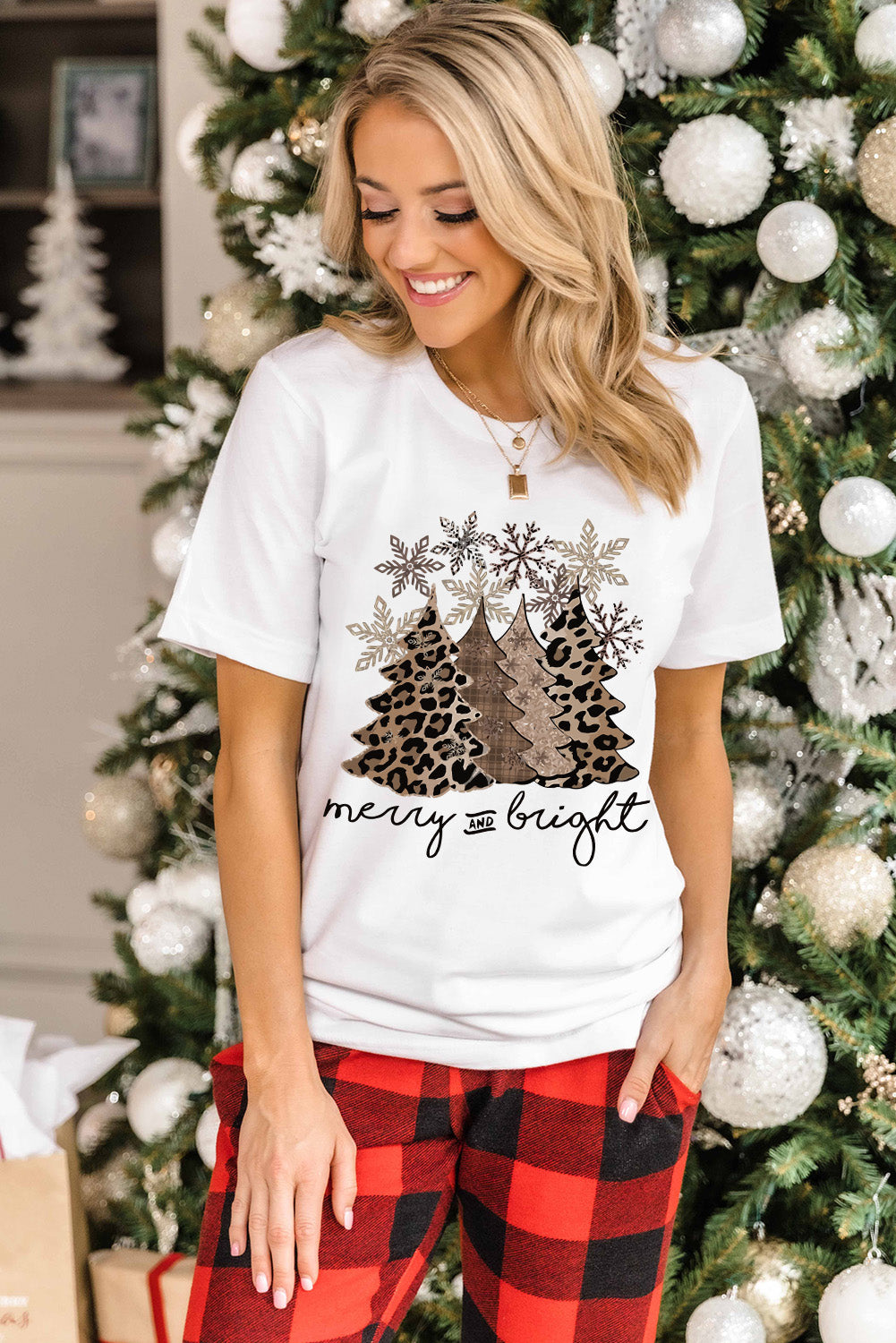 Leopard Christmas Tree Graphic Print Crew Neck T Shirt