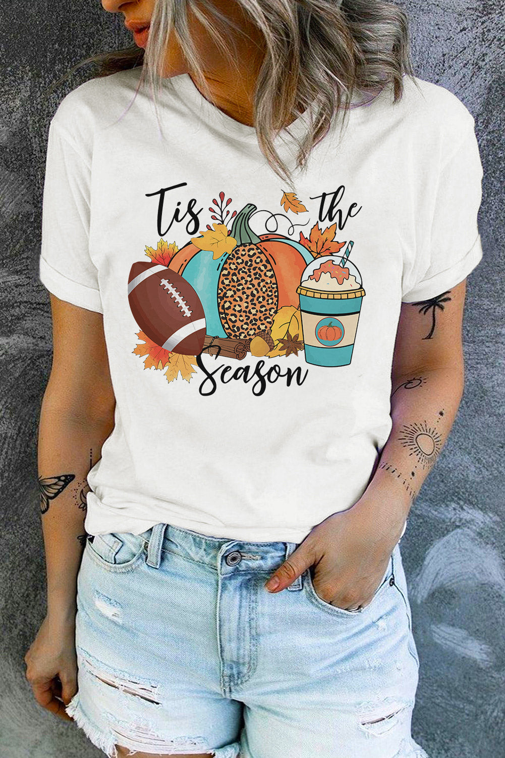 Tis The Season Pumpkin Graphic Print Crew Neck T Shirt