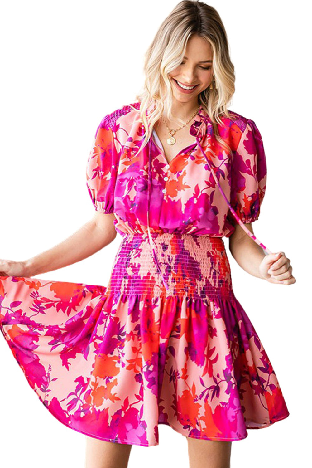 Floral Smocked Waist Bubble Sleeve Flare Dress