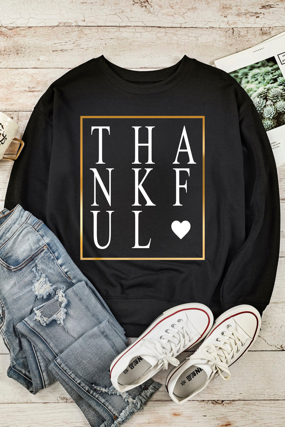 THANKFUL Heart Print Long Sleeve Sweatshirt