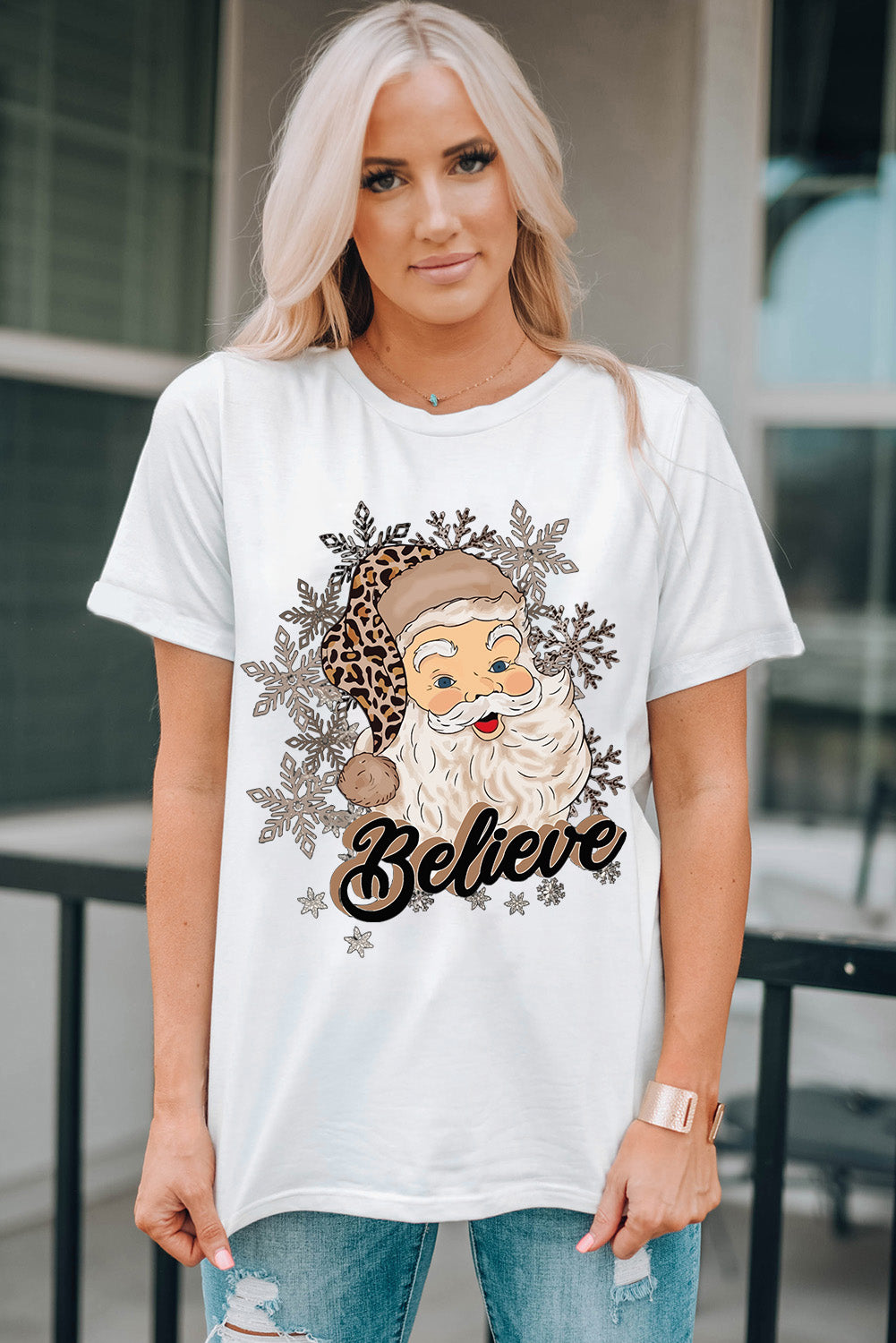 Believe Santa Claus Snowflake Print Crew Neck T Shirt