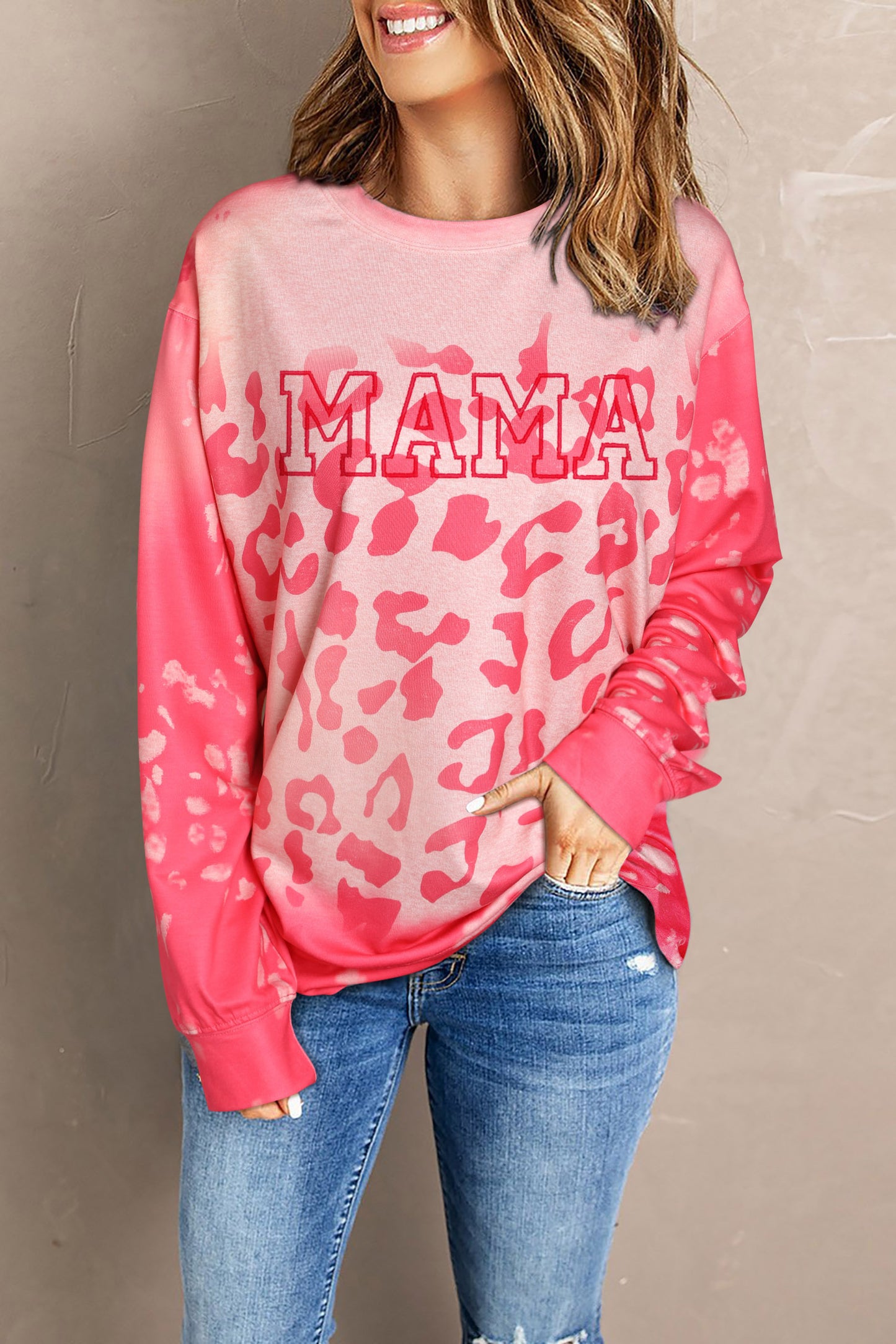 MAMA Leopard Print Crew Neck Pullover Sweatshirt