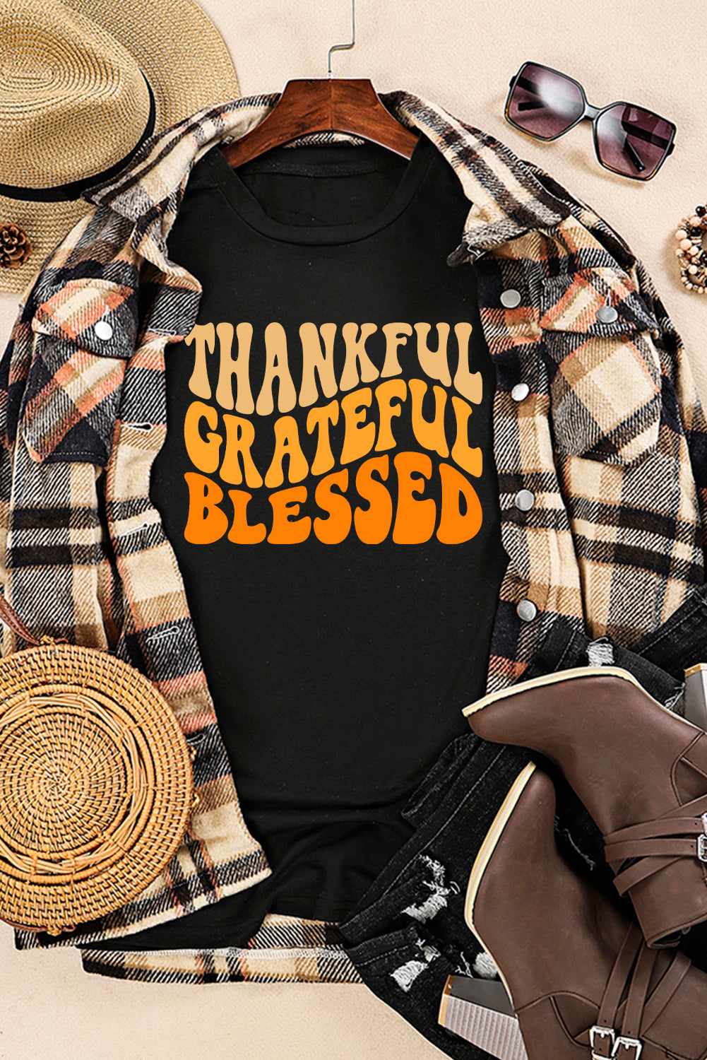 THANKFUL GRATEFUL BLESSED Crew Neck Graphic Tee