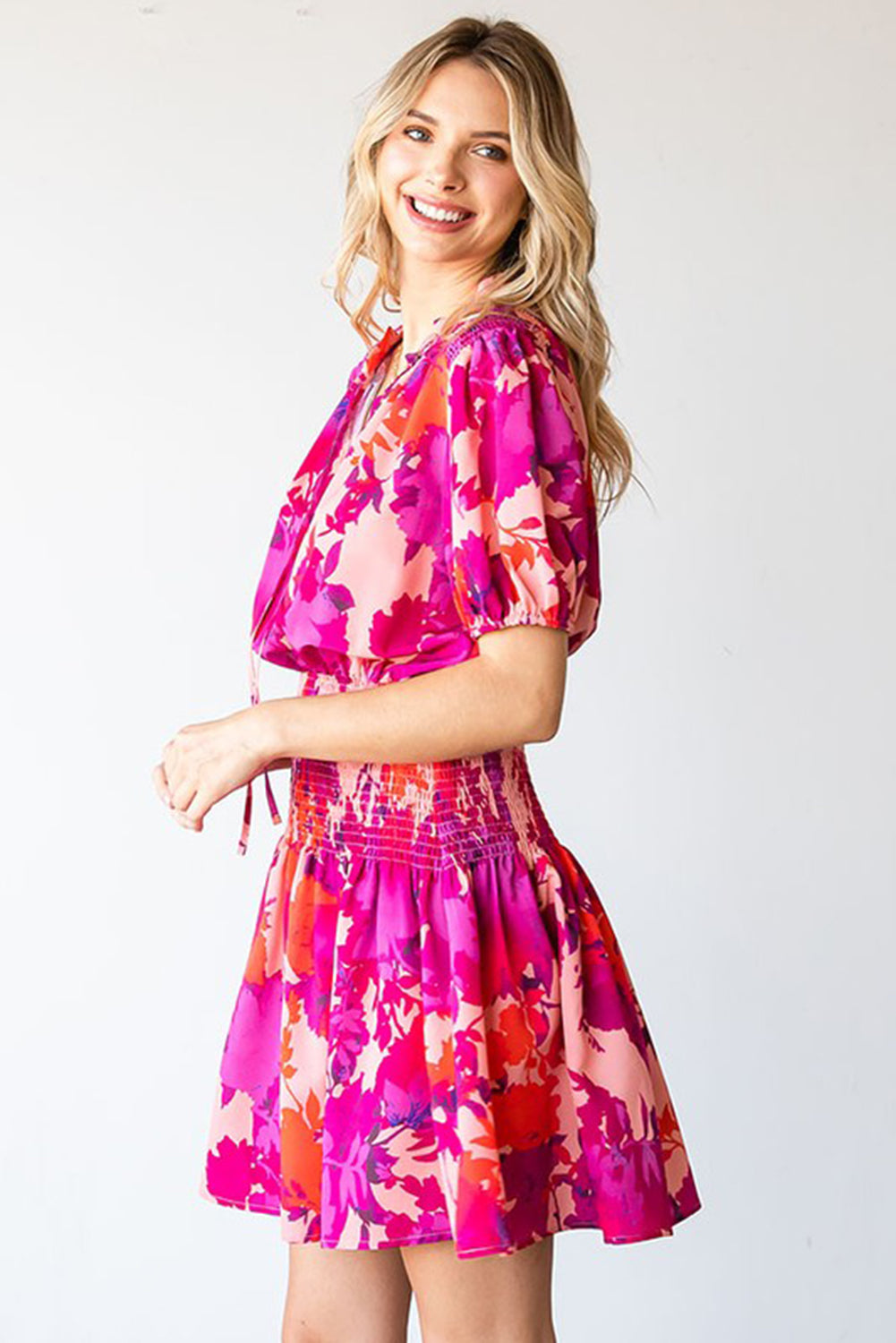 Floral Smocked Waist Bubble Sleeve Flare Dress