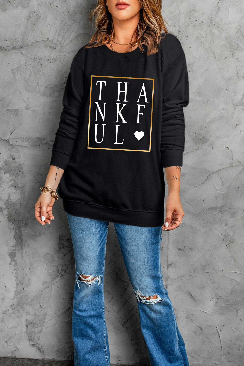 THANKFUL Heart Print Long Sleeve Sweatshirt