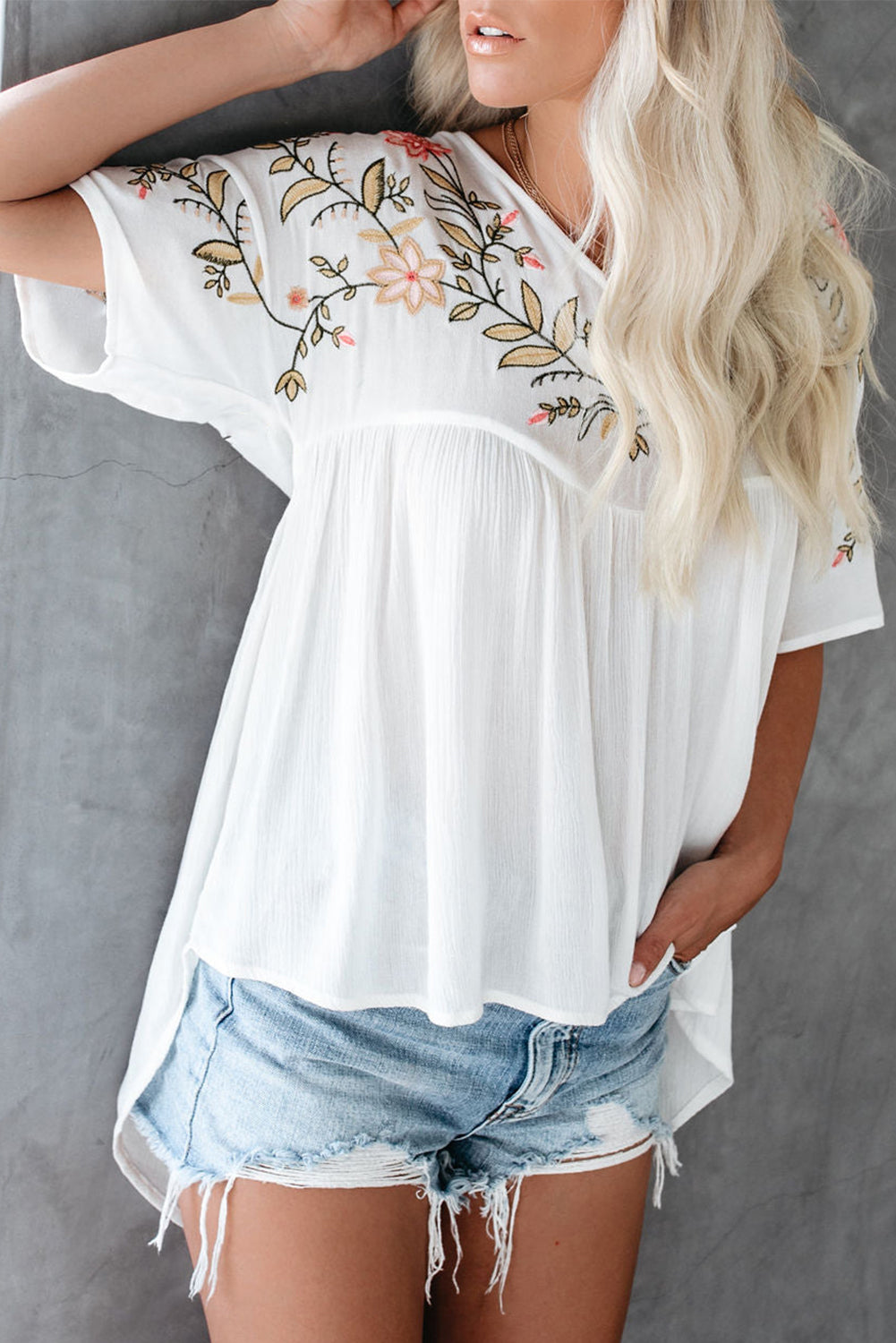 Floral Embroidered V Neck Crinkle Babydoll Blouse