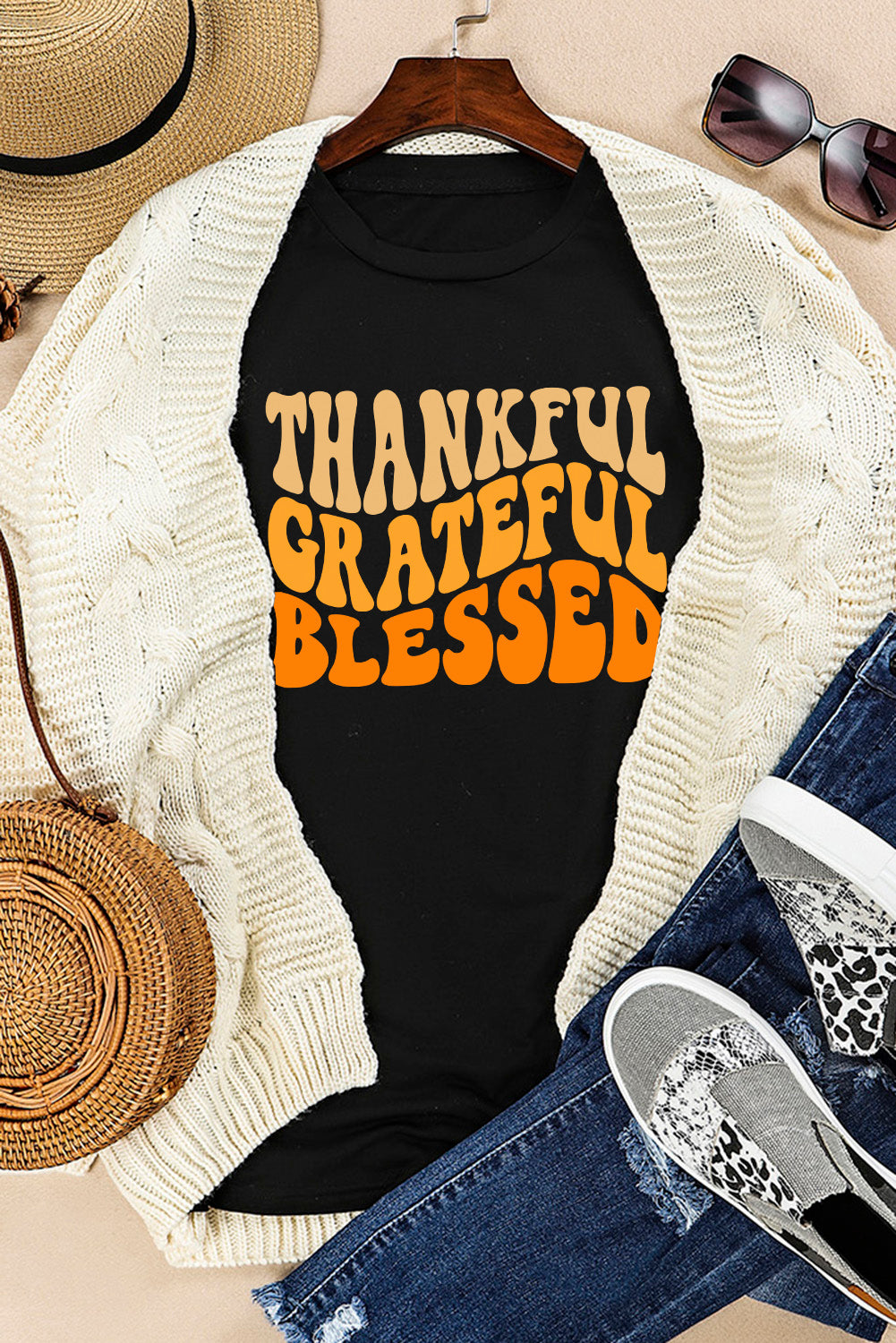 THANKFUL GRATEFUL BLESSED Crew Neck Graphic Tee