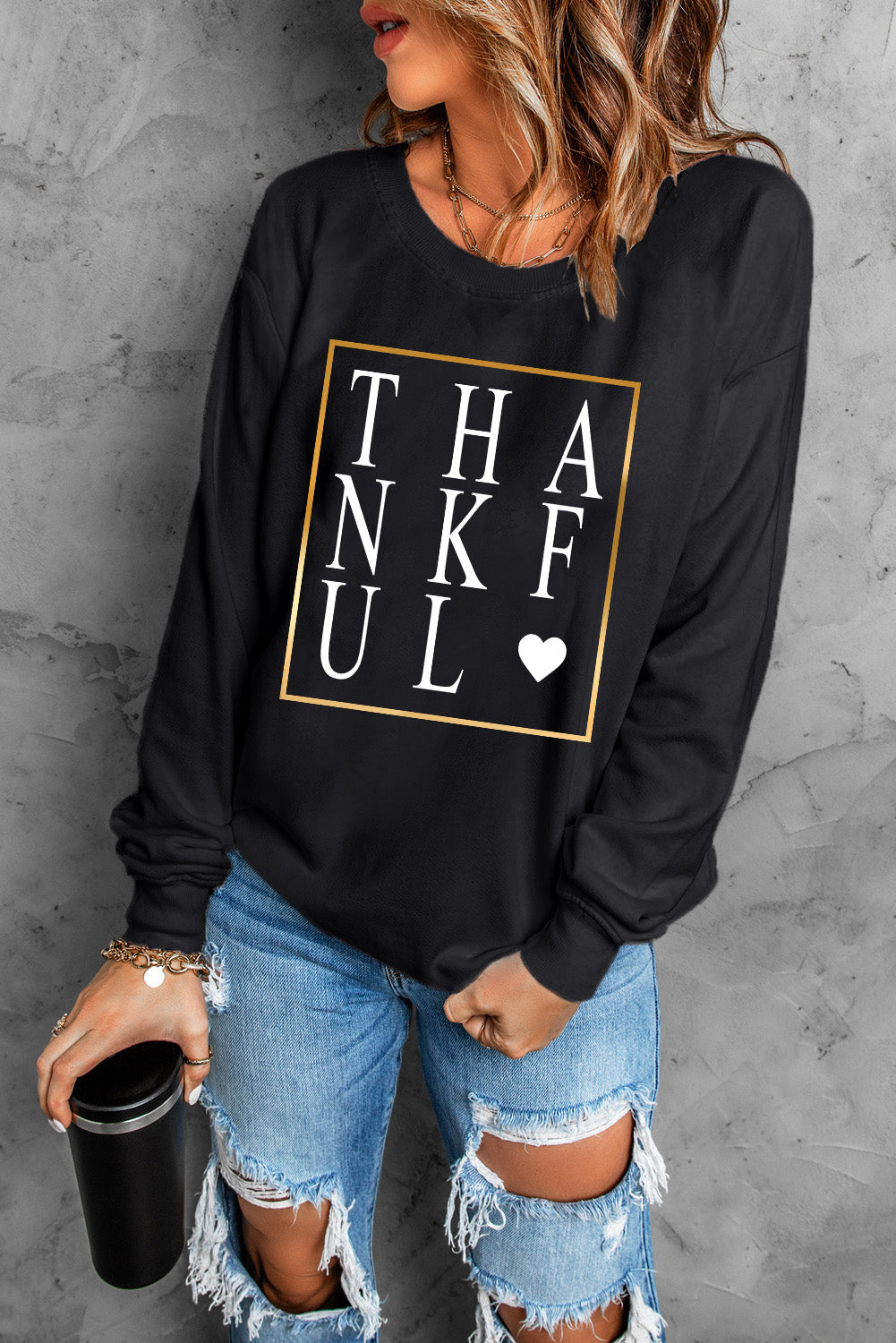 THANKFUL Heart Print Long Sleeve Sweatshirt