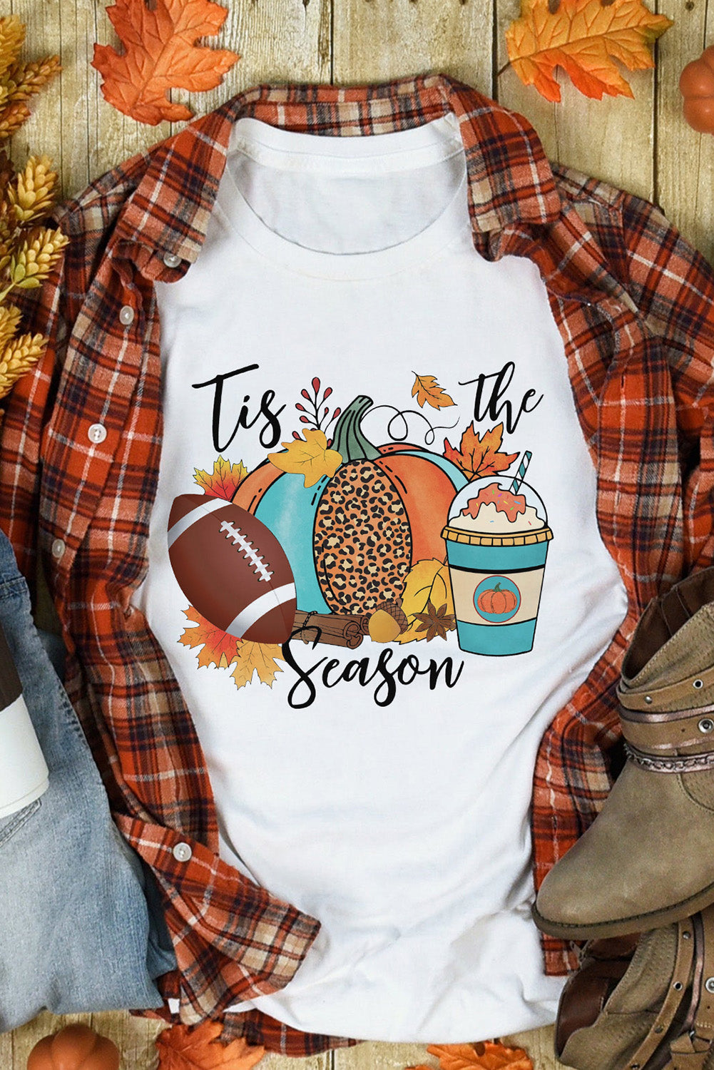 Tis The Season Pumpkin Graphic Print Crew Neck T Shirt