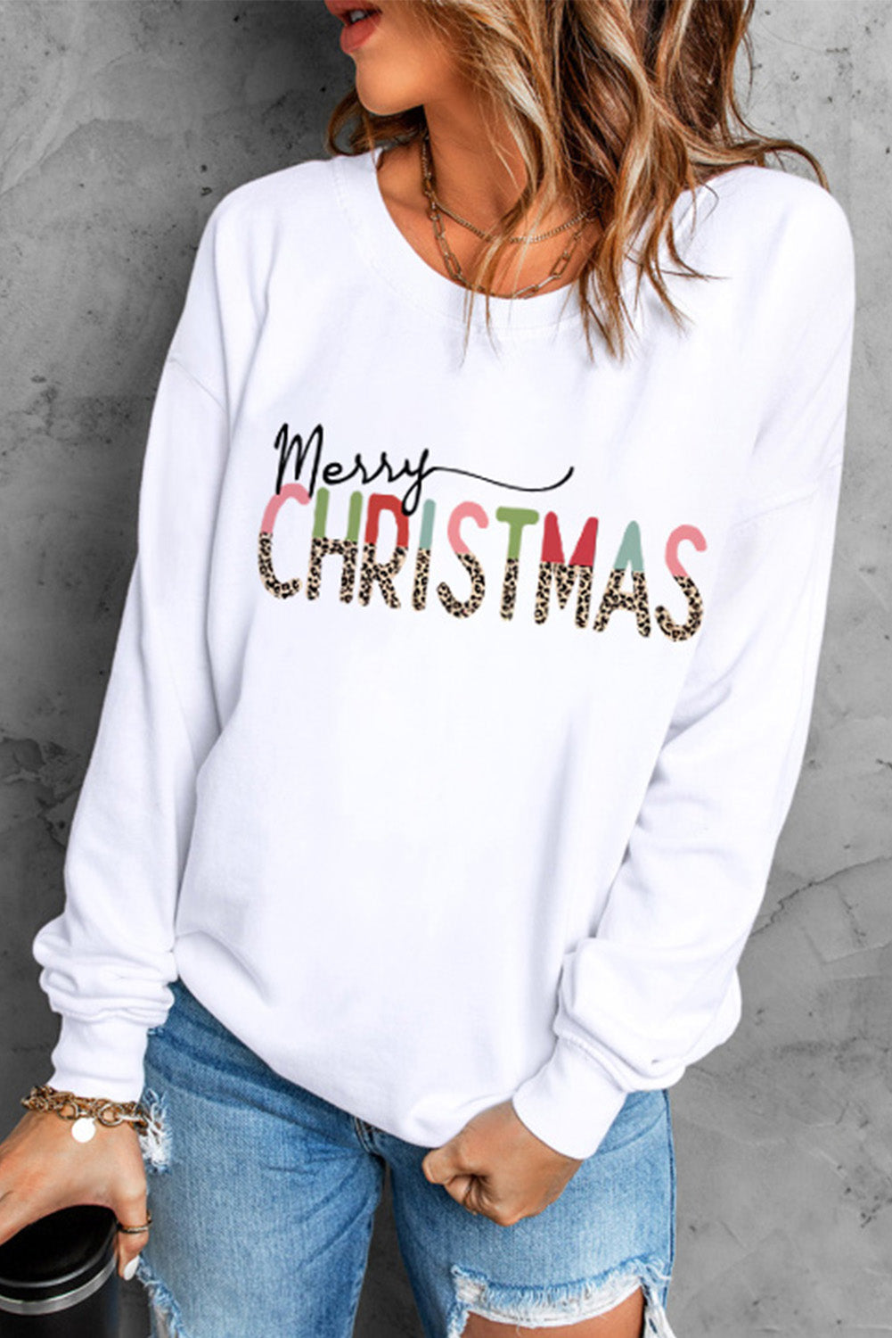 Merry Christmas Leopard Print Long Sleeve Sweatshirt