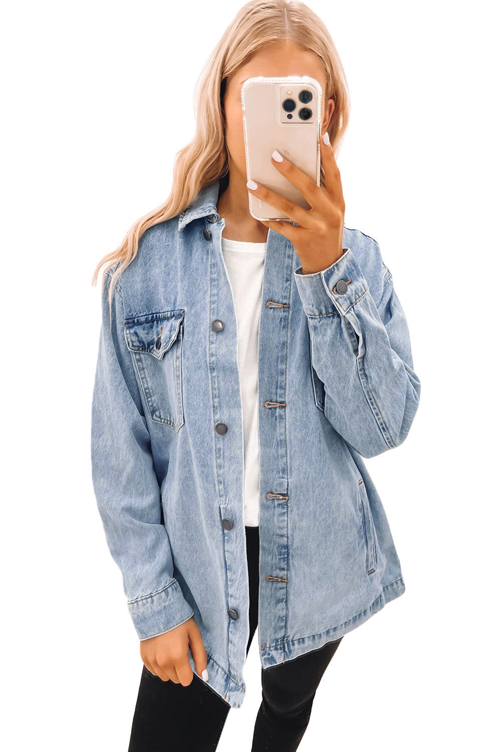 Acid Wash Flap Pocket Boyfriend Shacket