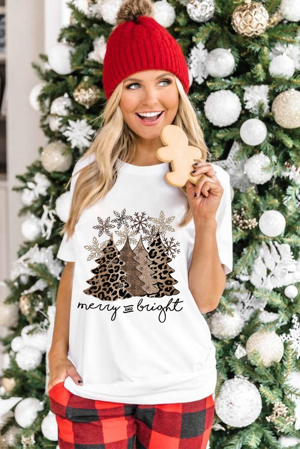 Leopard Christmas Tree Graphic Print Crew Neck T Shirt