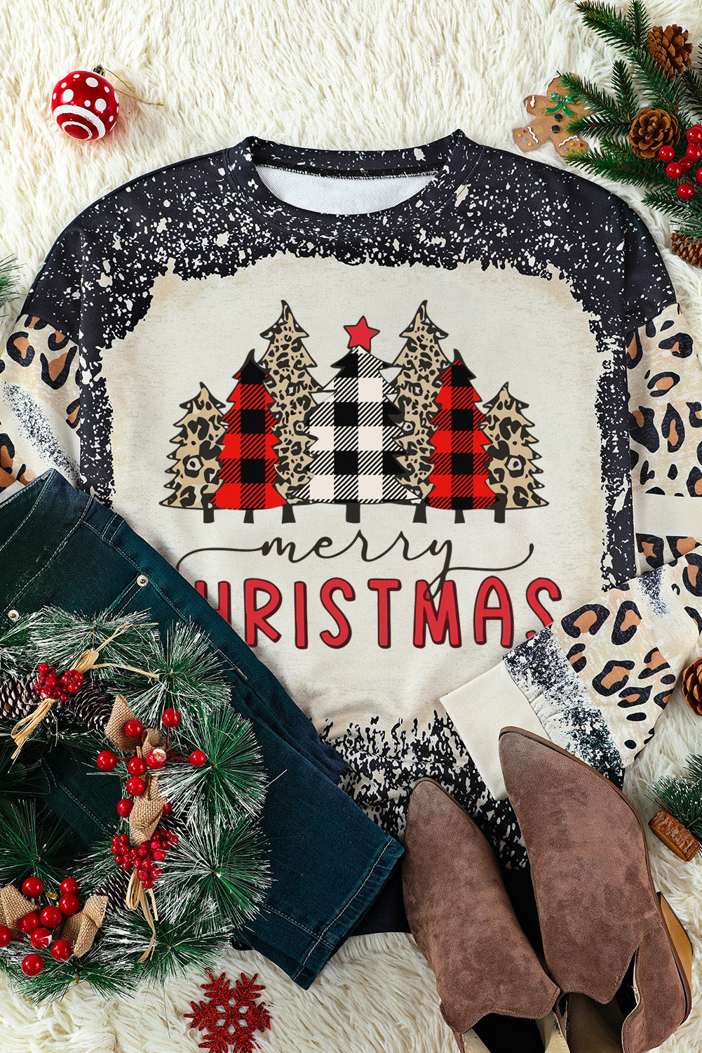 Merry Christmas Multi Tree Print Leopard Sleeve Sweatshirt