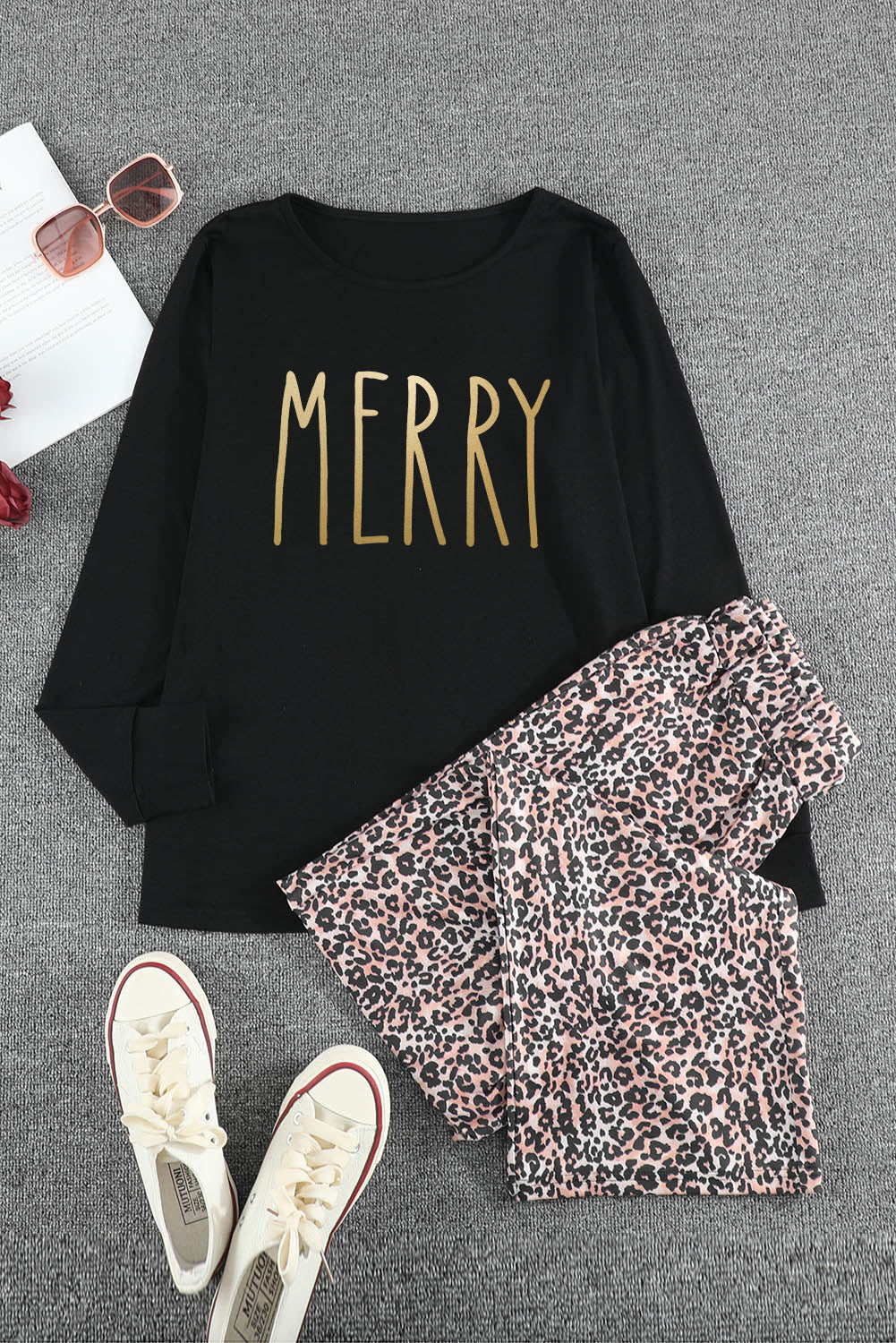 MERRY Leopard Print Long Sleeve High Waist Lounge Set