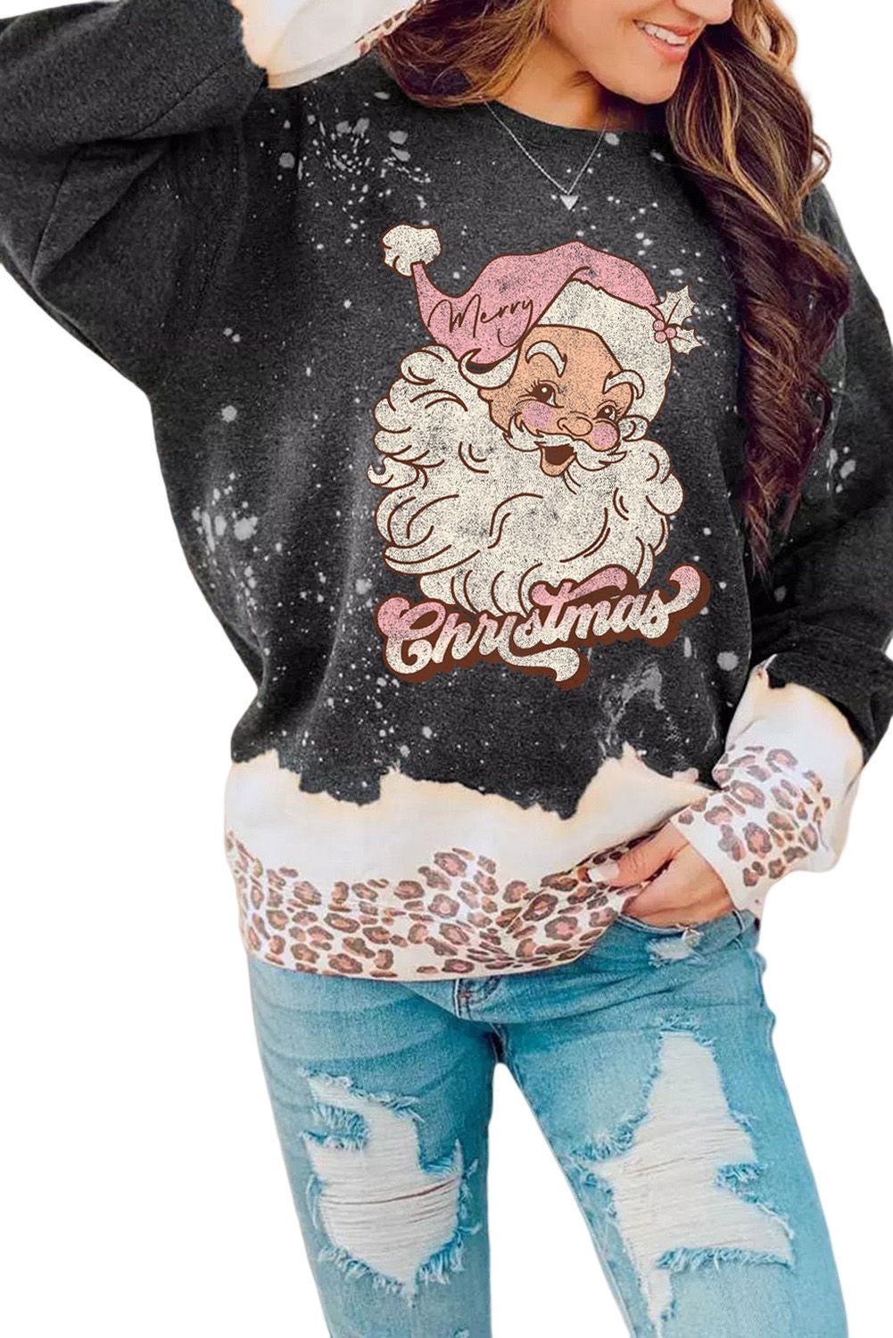 Christmas Santa Clause Leopard Print Graphic Sweatshirt