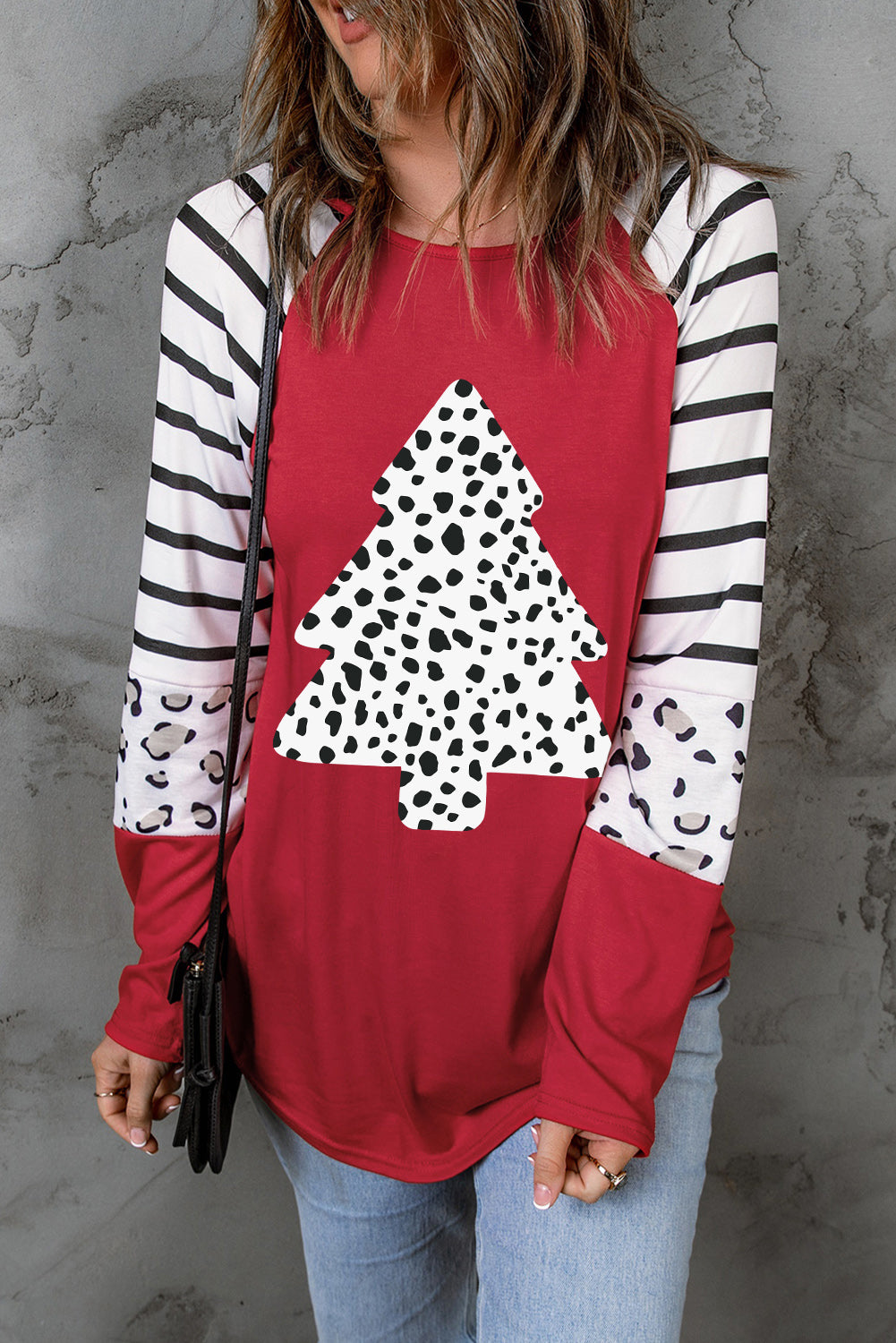 Leopard Christmas Tree Striped Color Block Long Sleeve Top