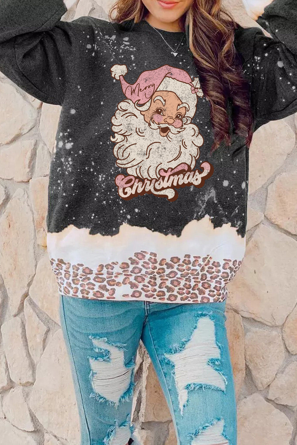 Christmas Santa Clause Leopard Print Graphic Sweatshirt