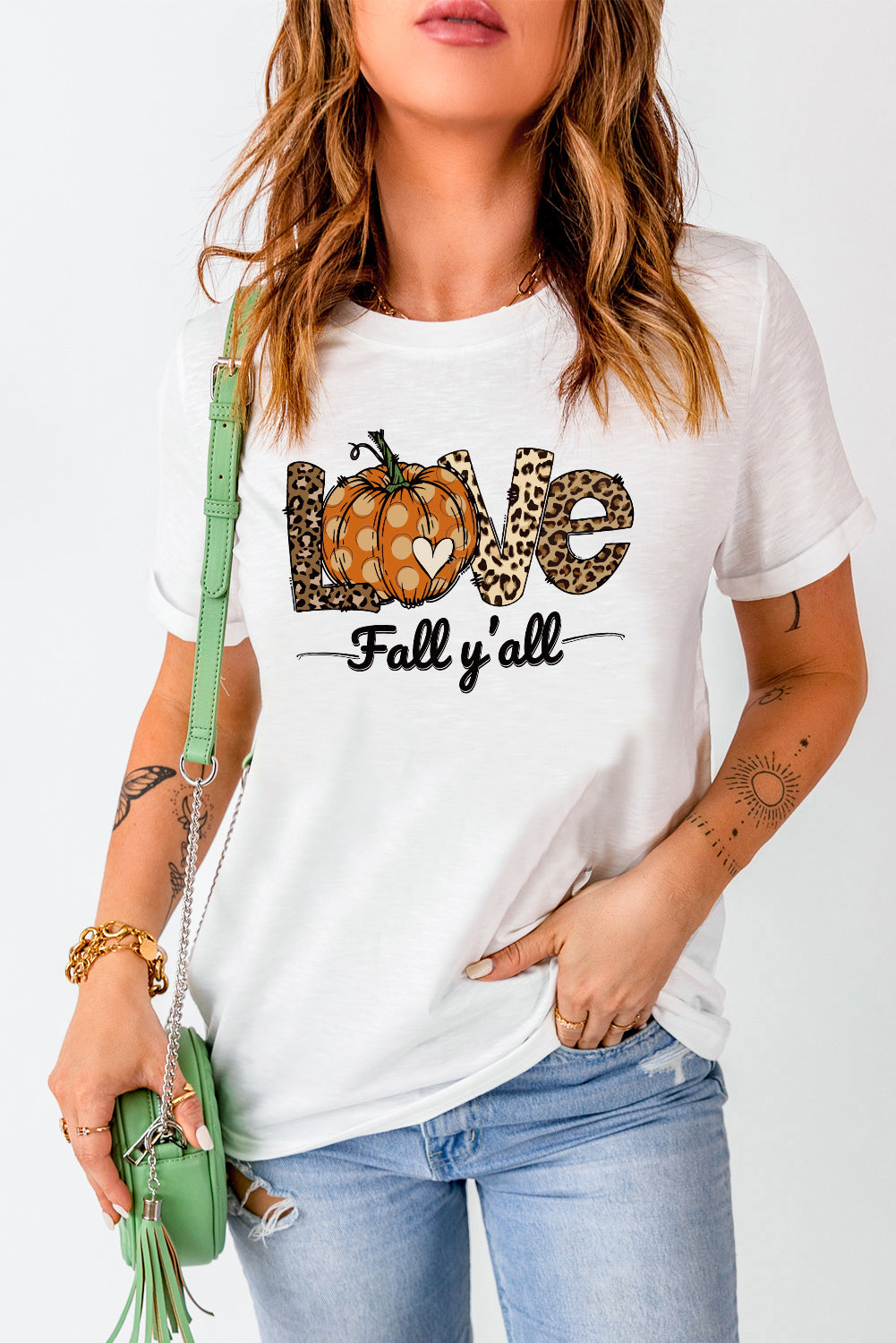 LOVE Leopard Pumpkin Graphic Print Crew Neck T Shirt