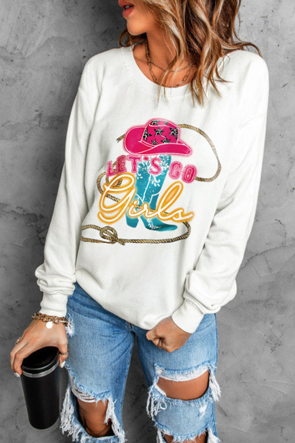 Beige Lets Go Girls Hat Boots Graphic Print Pullover Sweatshirt