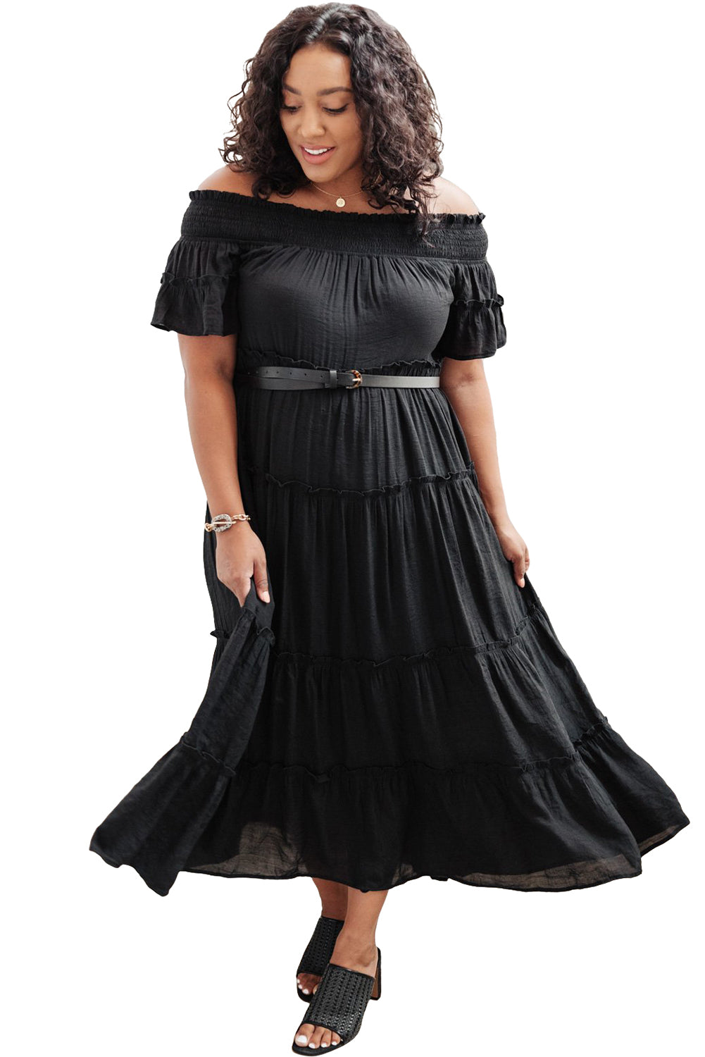 Plus Size Smocked Off Shoulder Frill Tiered Maxi Dress