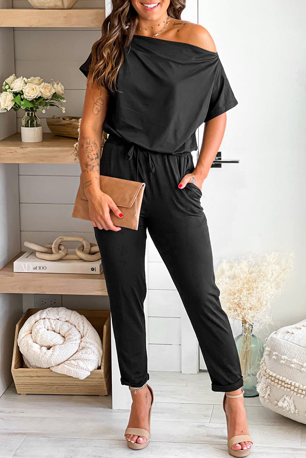 Tie Waist Short Sleeve Tapered Jumpsuit