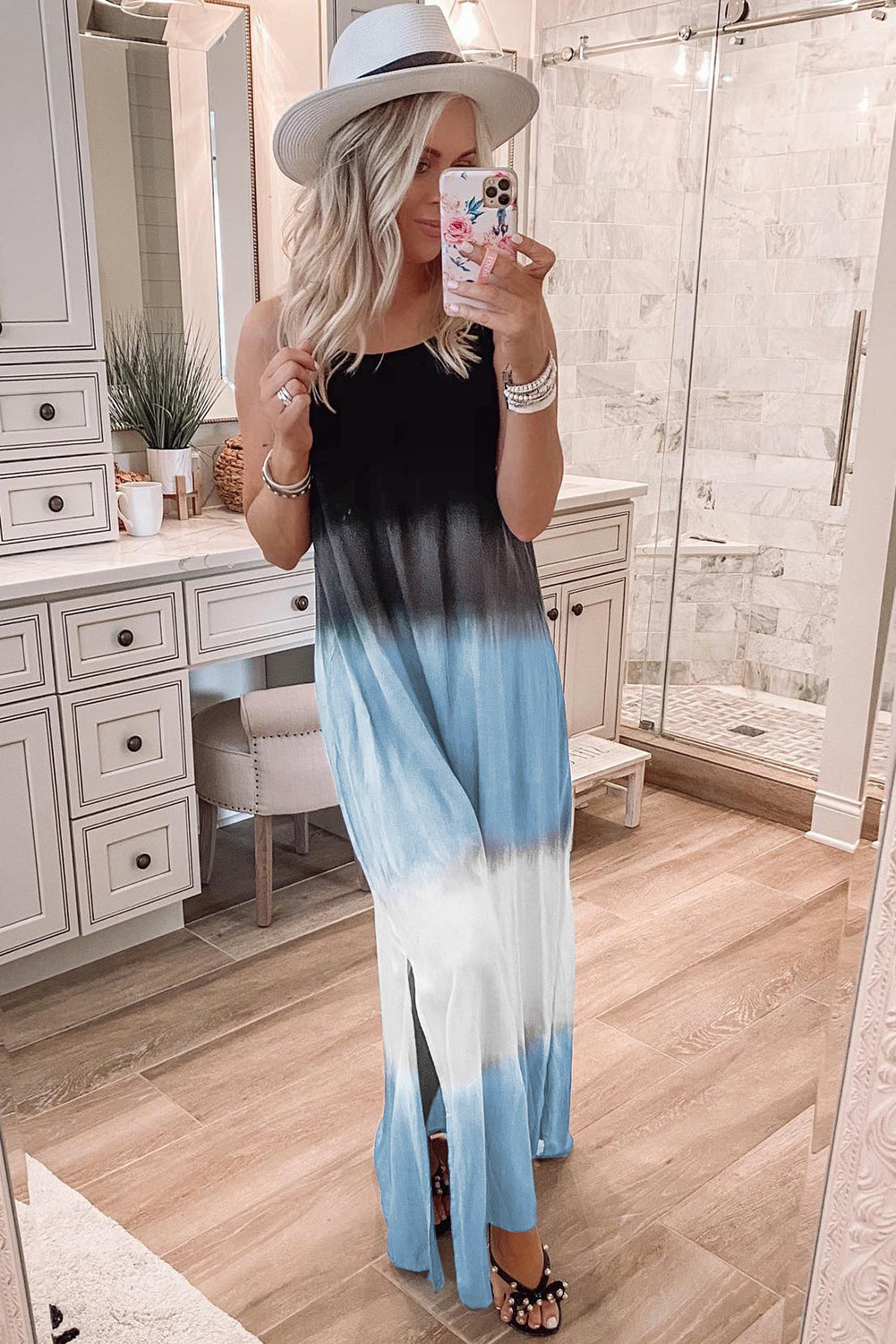 Spaghetti Strap Tie Dye Slit Maxi Dress