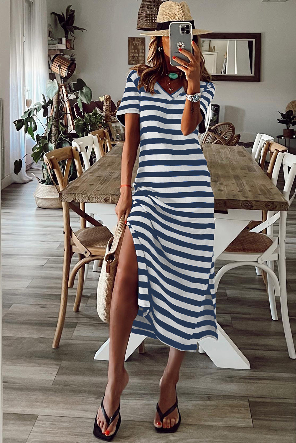 Stripe Print V Neck Maxi Dress with Side Splits