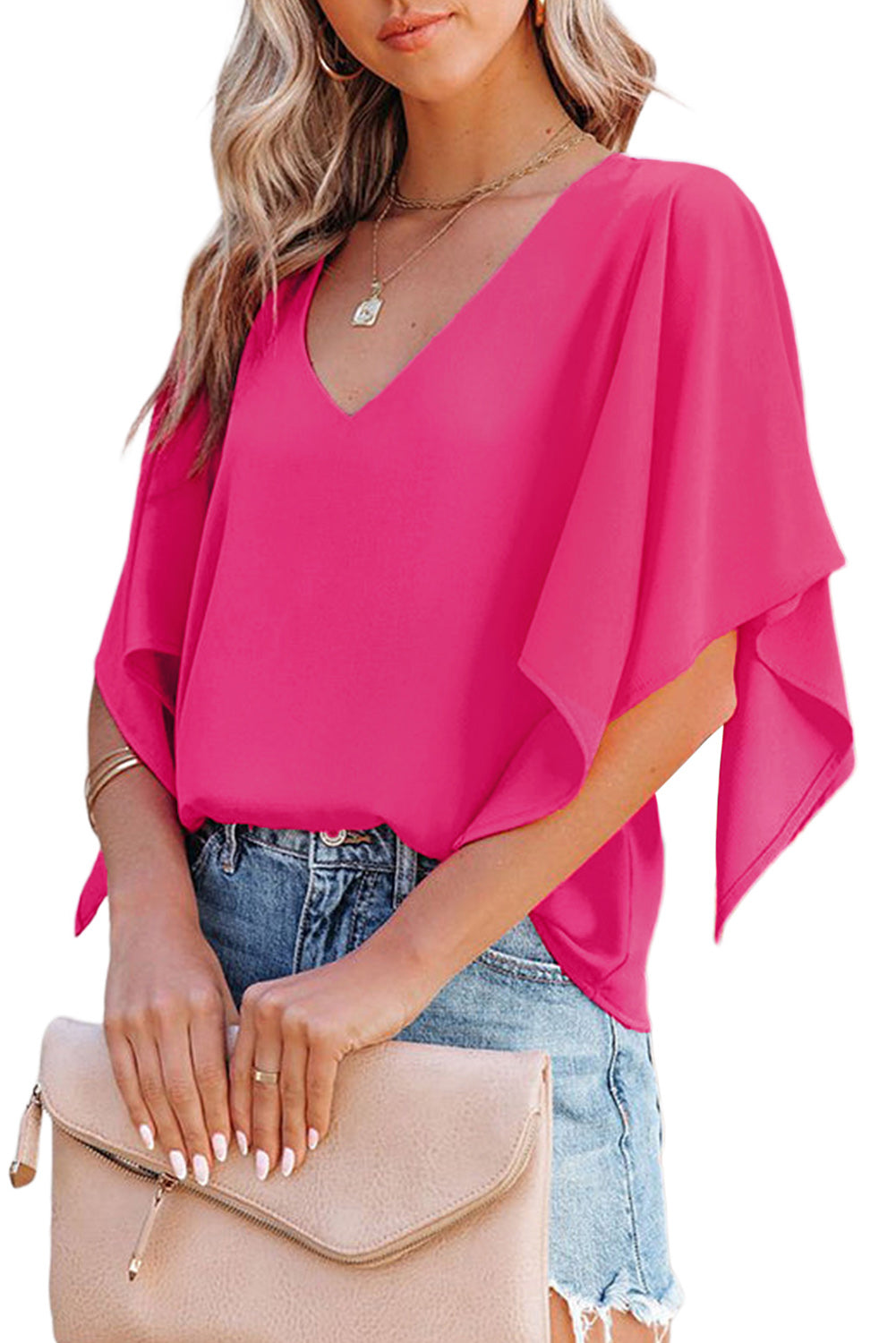 Plain Flounce Bell Sleeve V Neck Blouse