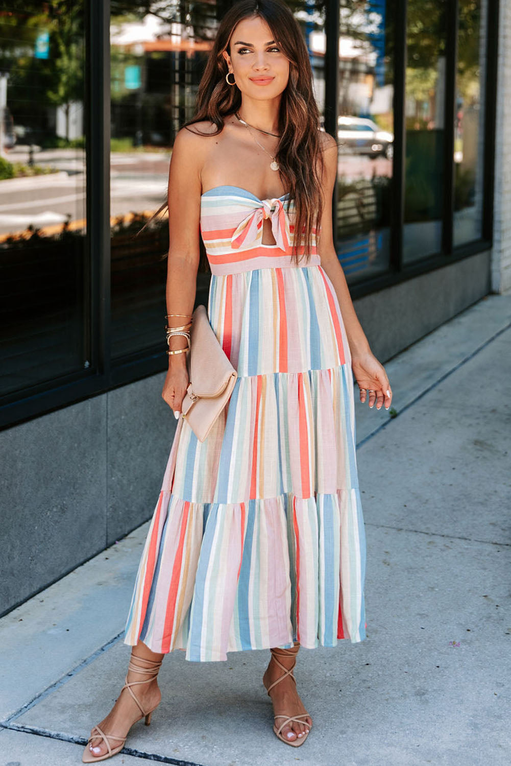 Multicolor Striped Tie Decor Strapless Tiered Maxi Dress