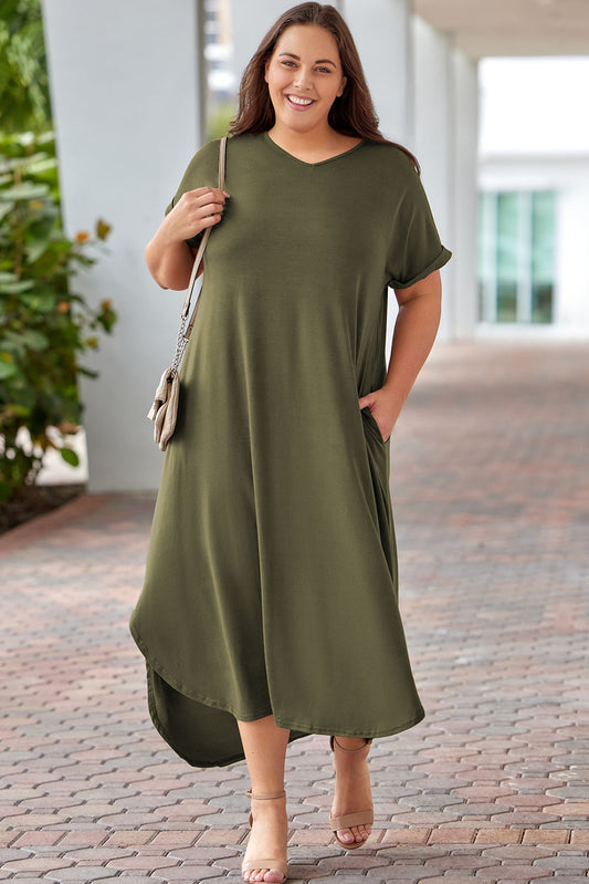 Plus Size V Neck Rolled Cuffs Maxi Dress