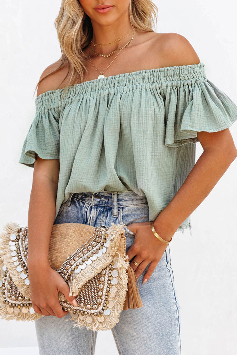 Off Shoulder Textured Ruched Ruffle Blouse